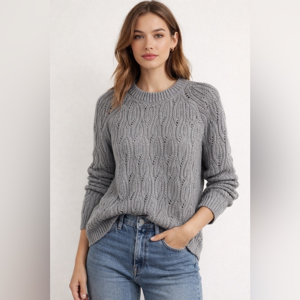 Lucky Brand Gray Cable Knit Sweater L Metallic Open Knit Wool Alpaca Blend